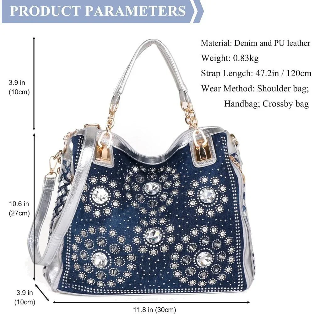 Women's Denim Crossbody Bag Rhinestone Large Purse for Casual and Formal Wear
